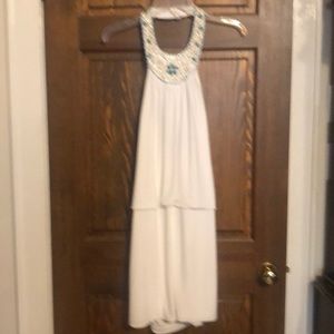 Turquoise n Rhinestone Beaded White Halter Dress